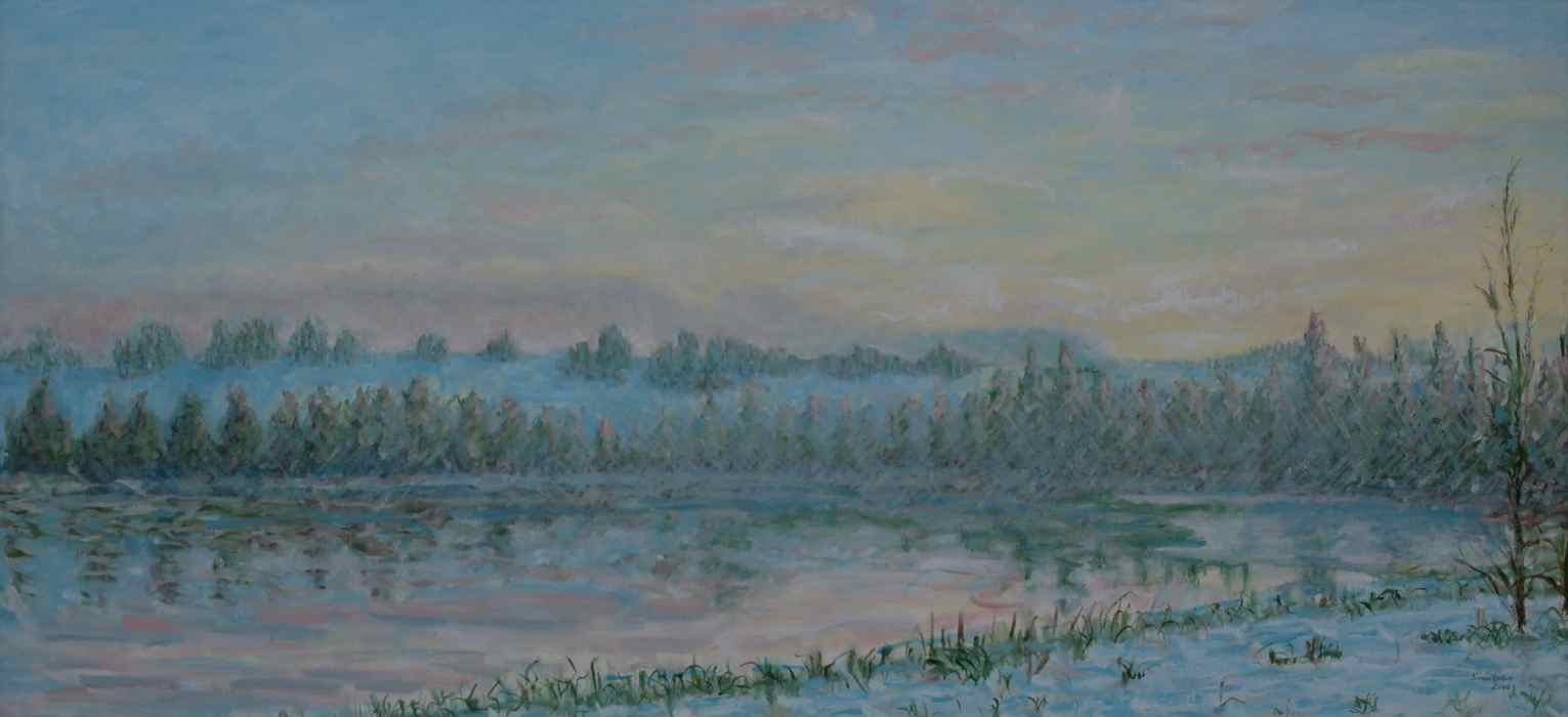 Bavarian lake in winter at sunset